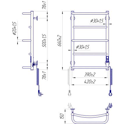 Vannitoa redelradiaator LUX 65W/230V 66x42 cm roostevaba/antratsiit parempoolne