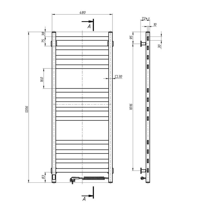 Vannitoa rätikuivati termostaadiga AVANGARD 459W/230V 120,6cm IP44 valge parempoolne kandiline