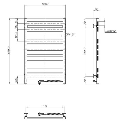 Vannitoa rätikukuivati termostaadiga LARGO 432W/230V, 80,6 cm, IP44, must, parempoolne, nurgeline