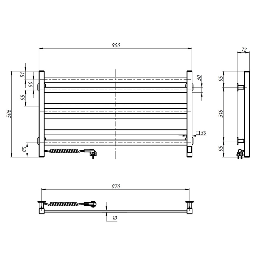 Vannitoa rätikukuivati termostaadiga AVANGARD 316W/230V 50,6 cm IP44, must, vasakpoolne, nurgjas