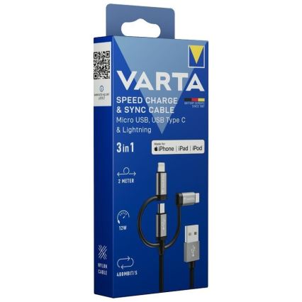 Varta 57937101111 - USB kaabel 3-ühes koos ühendusega Lightning ja Micro USB 2m