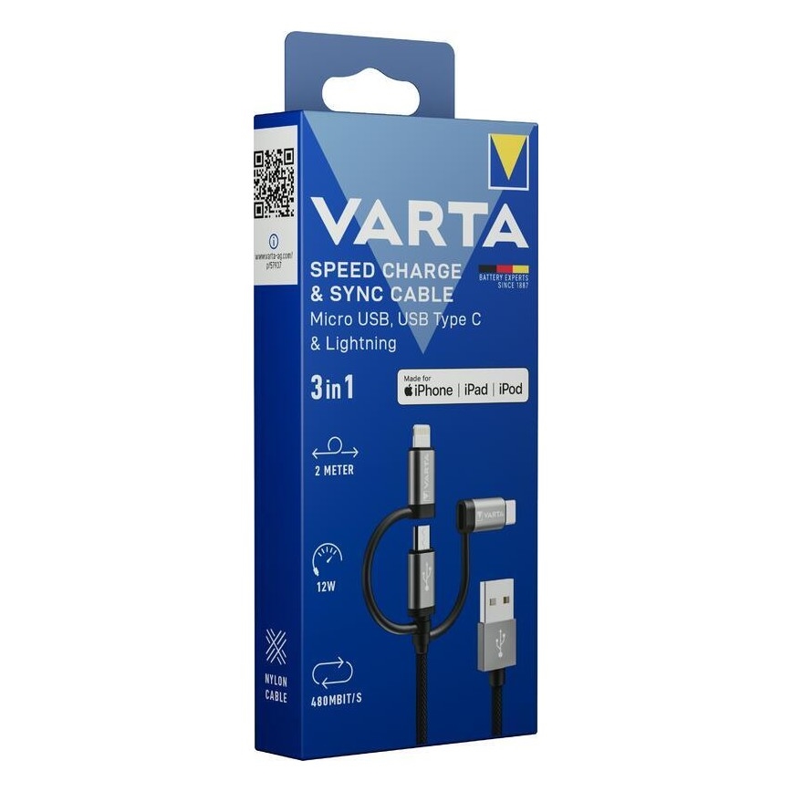 Varta 57937101111 - USB kaabel 3-ühes koos ühendusega Lightning ja Micro USB 2m