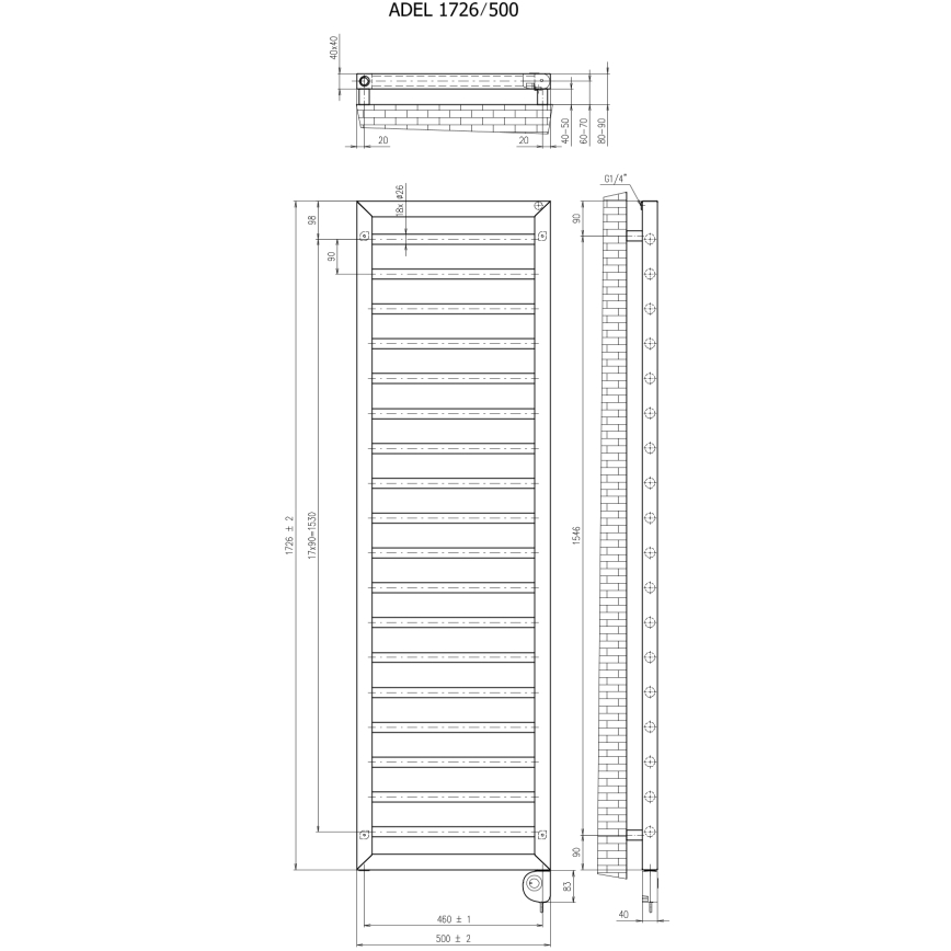 Vertaduro - ADEL vannitoa radiaator termostaadiga, 600 W, 172 x 50 cm, taupe
