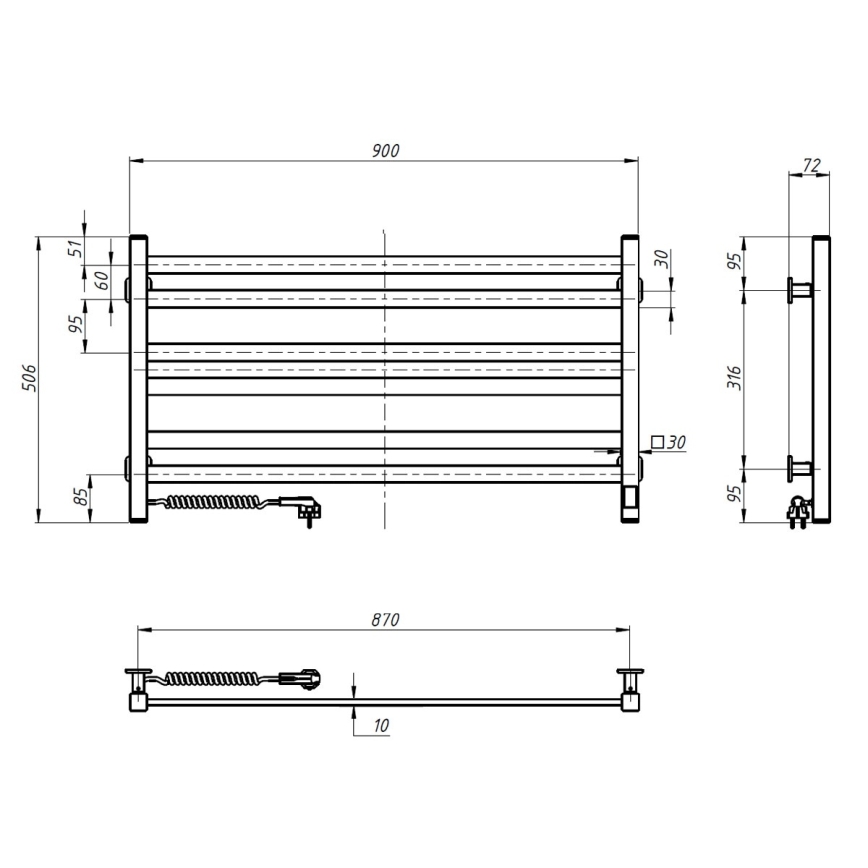 Vertaduro - Elektriline rätikukuivati termostaadiga AVA 181W/230V 50x90 cm IP44 valge vasakpoolne