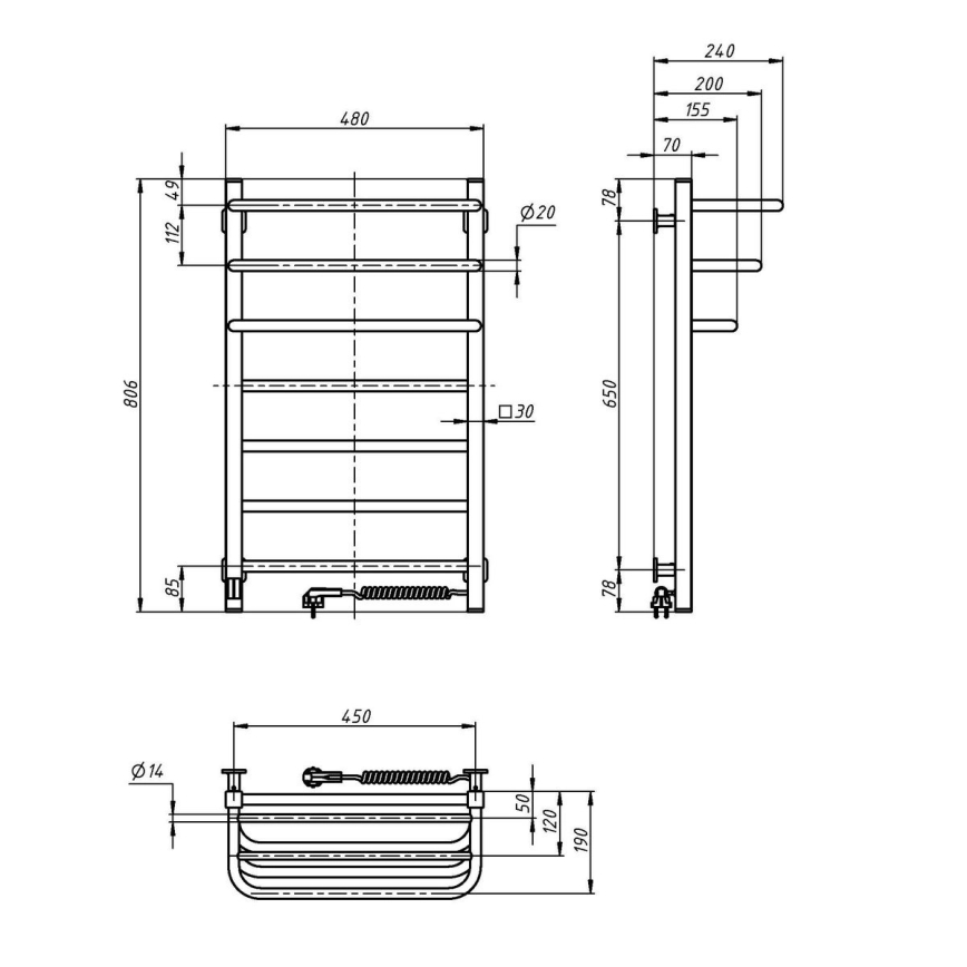 Vertaduro - Elektriline rätikuivati termostaadiga DOR 155W/230V 80x48 cm IP44 valge parempoolne