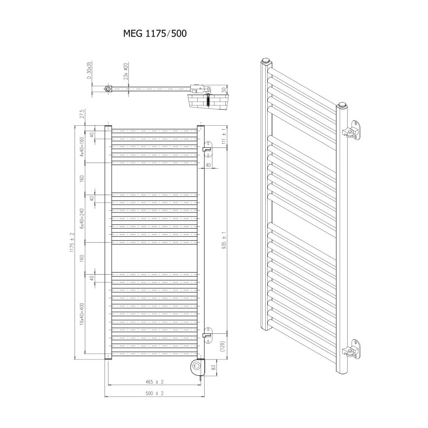 Vertaduro - Vannitoa radiaator termostaadiga MEG 600W 118x50 cm valge