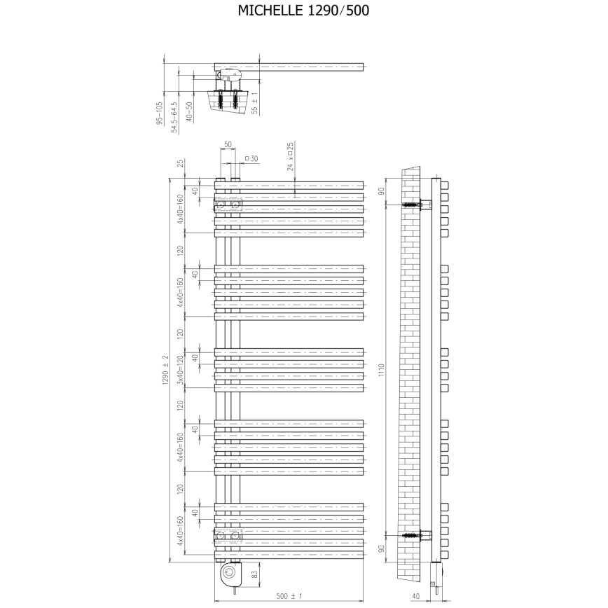 Vertaduro - vannitoa radiaator termostaadiga MICHELLE 600W 129x50 cm must