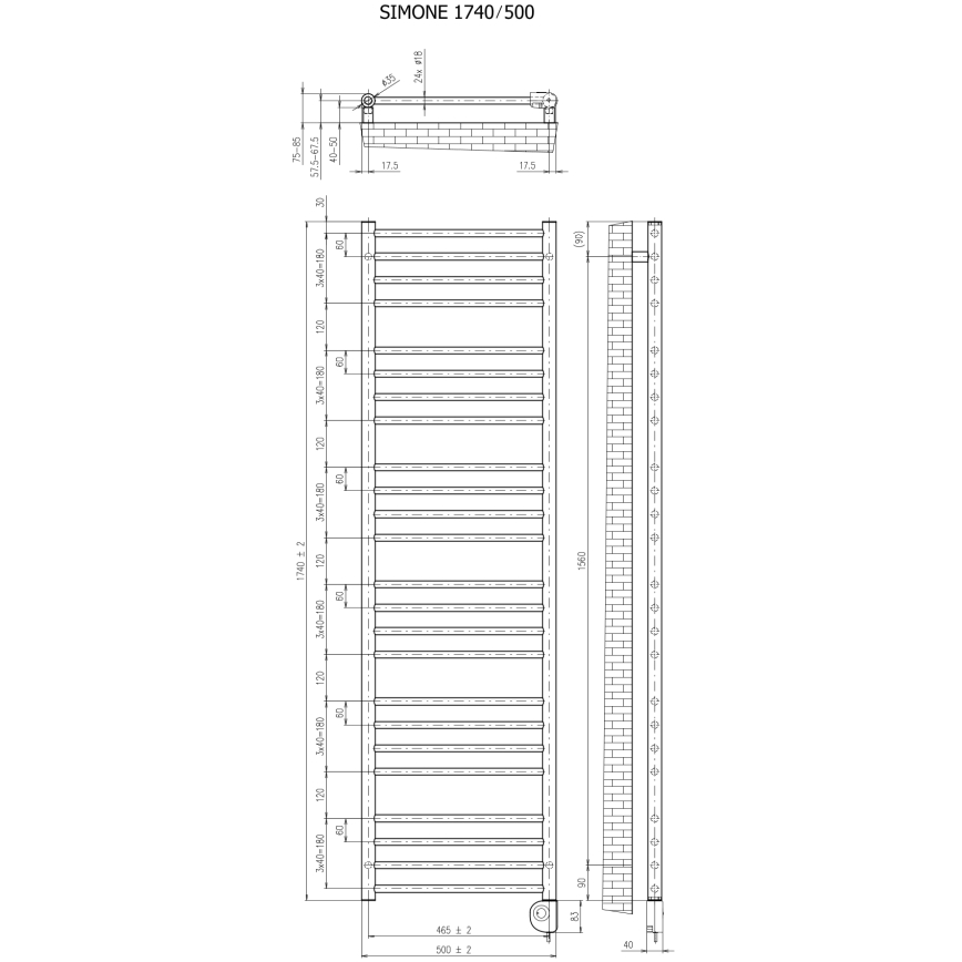 Vertaduro - vannitoa radiaator termostaadiga SIMONE 600W 174x50 cm antratsiit
