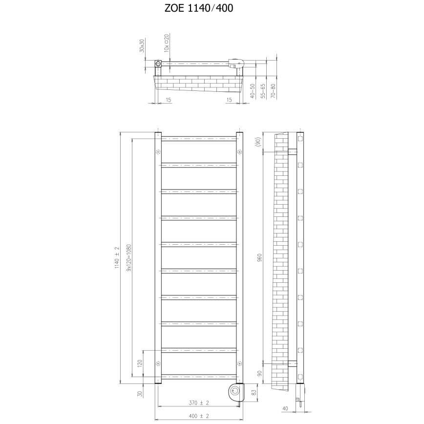 Vertaduro - Vannitoa radiaator termostaadiga ZOE 400W 114x40 cm valge