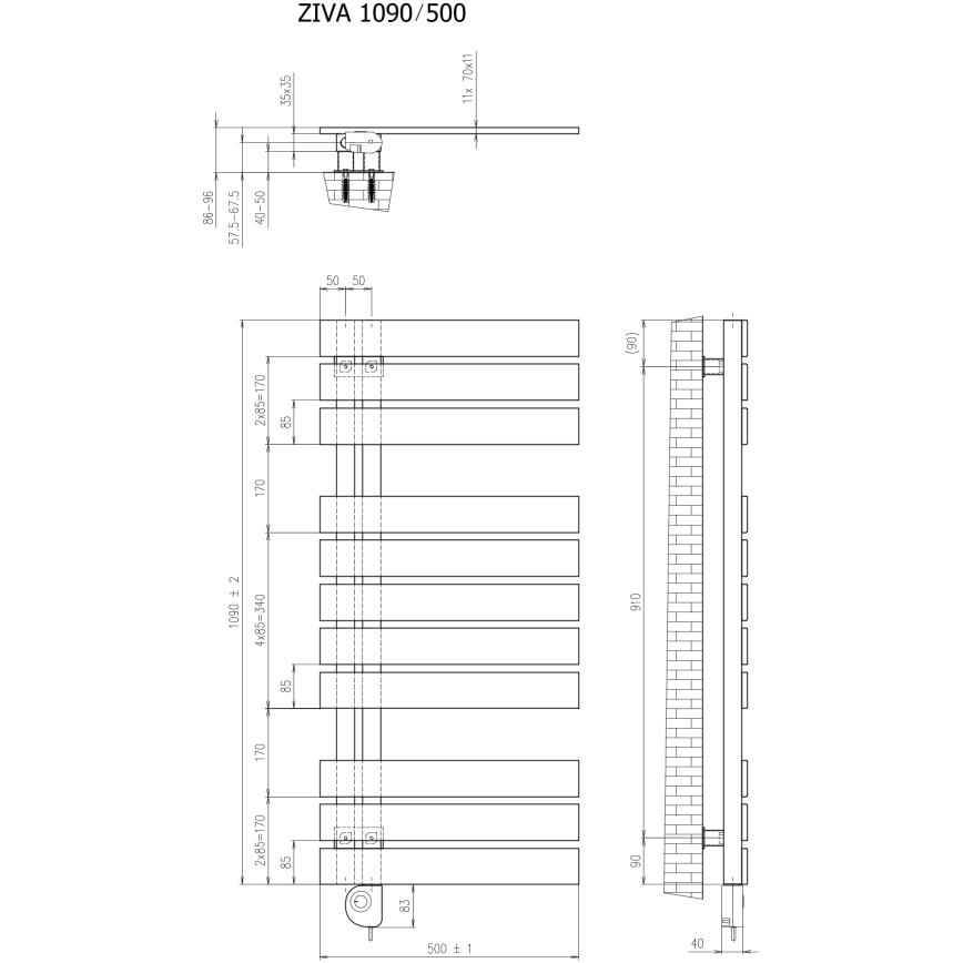 Vertaduro - vannitoa radiaator ZIVA termostaadiga, 500 W, 109 x 50 cm, taupe