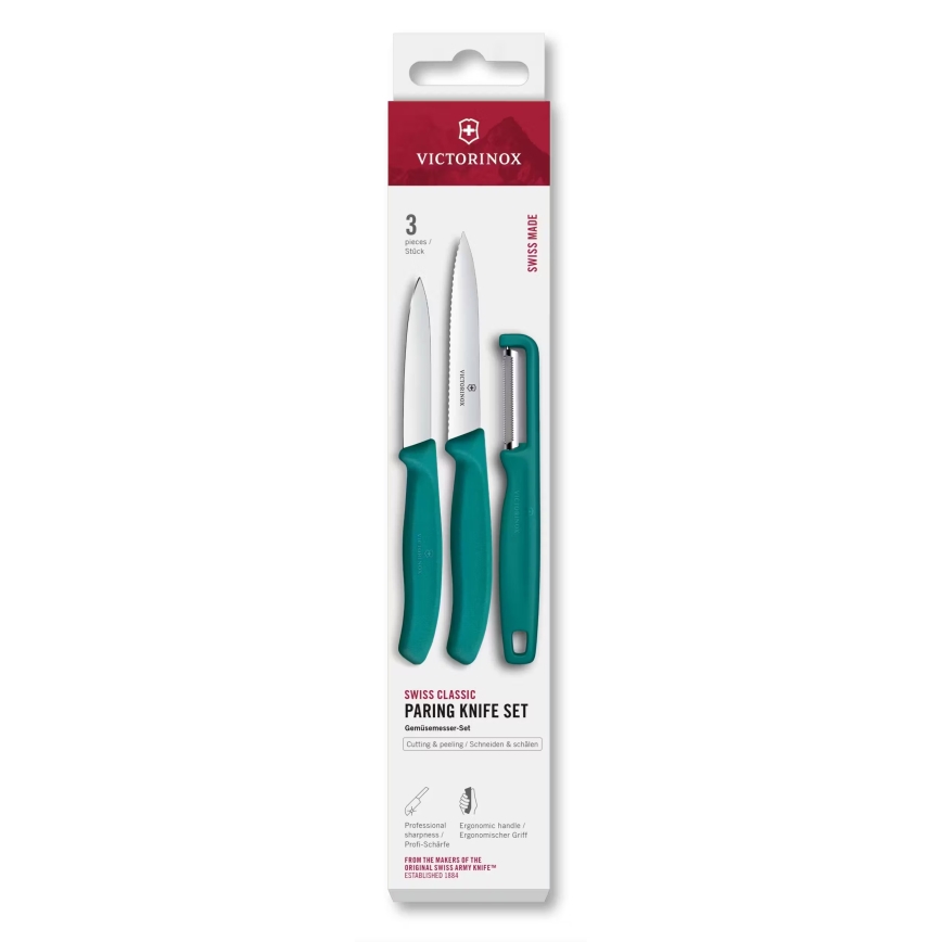 Victorinox - SWISS CLASSIC 3-osaline kööginugade komplekt koos koorijaga, türkiissinine