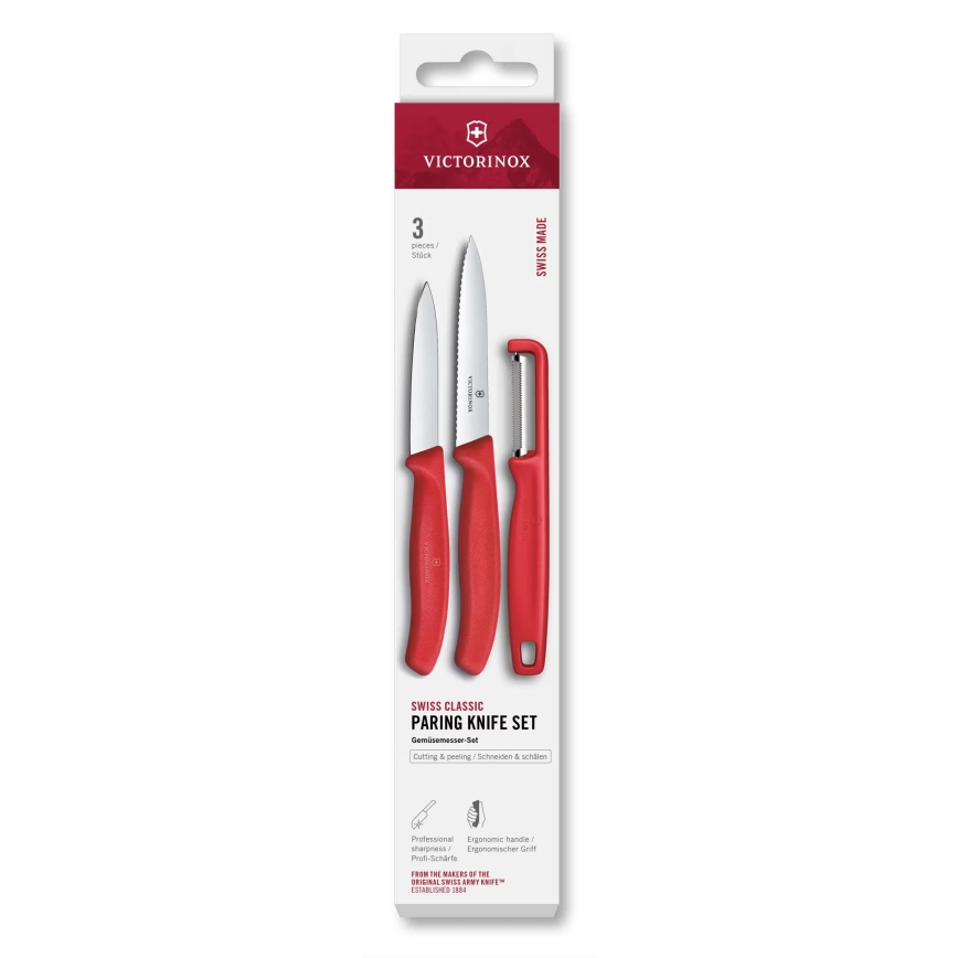 Victorinox - SWISS CLASSIC kööginugade komplekt koos koorijaga, 3-osaline, punane