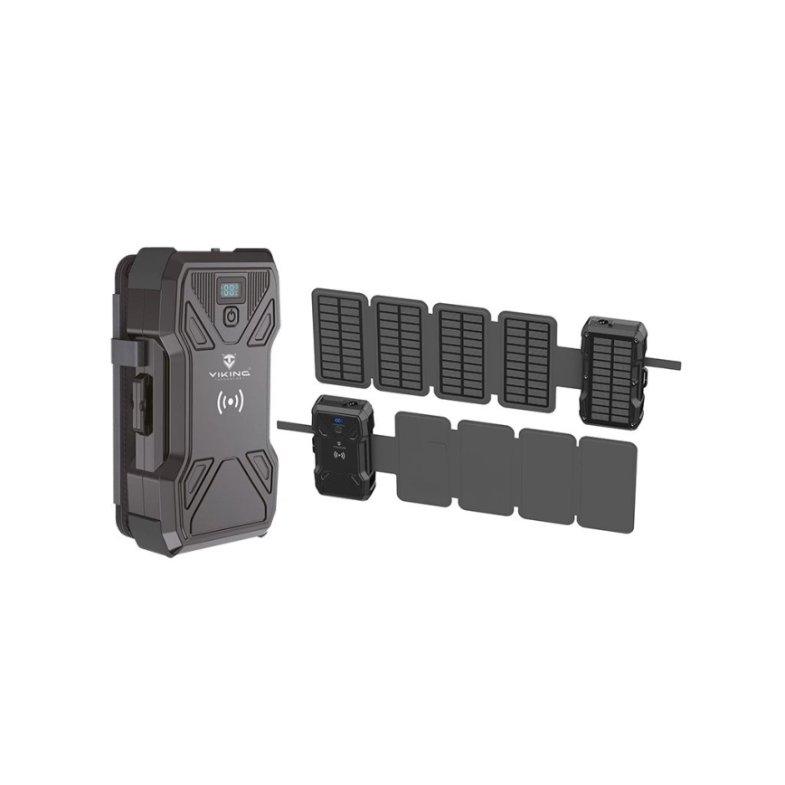 Viking - akupank LED-taskulambiga, juhtmevaba laadimise ja päikesepaneeliga Power Delivery 22,5W/30000 mAh