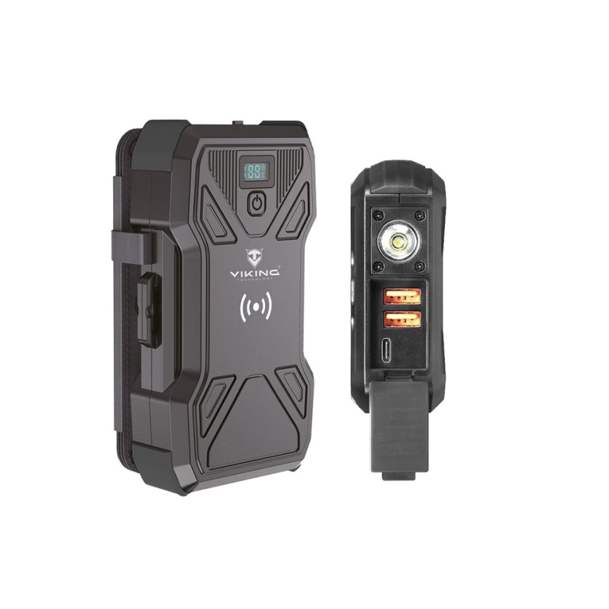 Viking - akupank LED-taskulambiga, juhtmevaba laadimise ja päikesepaneeliga Power Delivery 22,5W/30000 mAh
