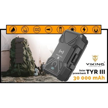 Viking - akupank LED-taskulambiga, juhtmevaba laadimise ja päikesepaneeliga Power Delivery 22,5W/30000 mAh