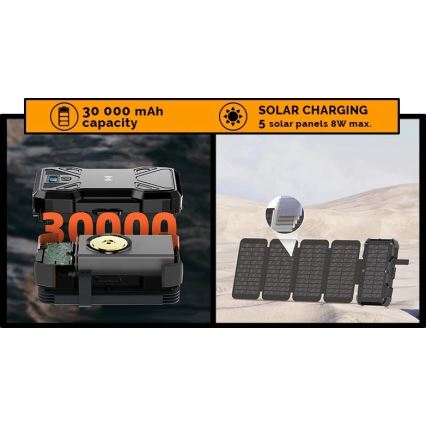 Viking - akupank LED-taskulambiga, juhtmevaba laadimise ja päikesepaneeliga Power Delivery 22,5W/30000 mAh