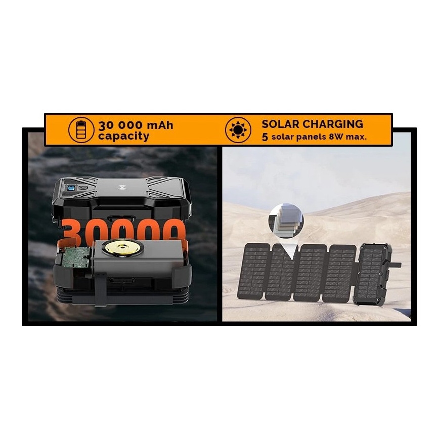 Viking - akupank LED-taskulambiga, juhtmevaba laadimise ja päikesepaneeliga Power Delivery 22,5W/30000 mAh