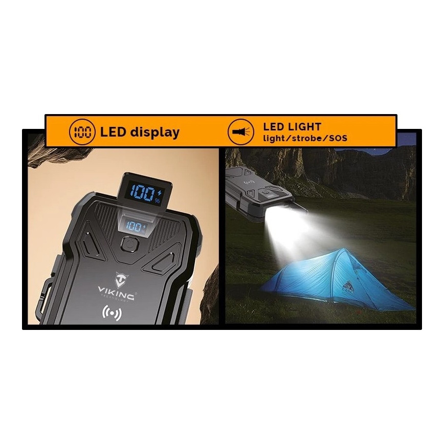 Viking - akupank LED-taskulambiga, juhtmevaba laadimise ja päikesepaneeliga Power Delivery 22,5W/30000 mAh