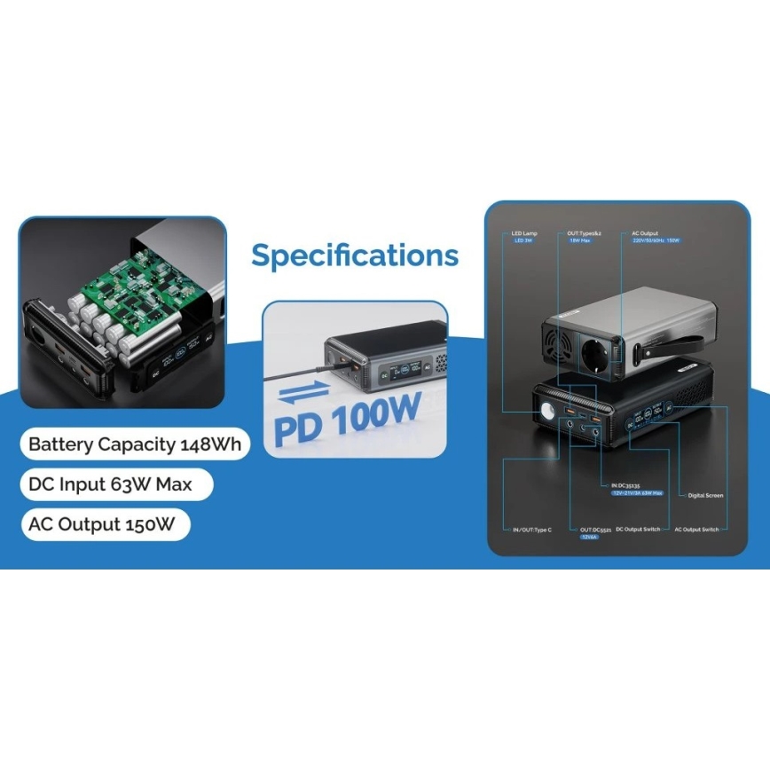 Viking - Laadimisjaam LED-ekraaniga Power Delivery 148 Wh