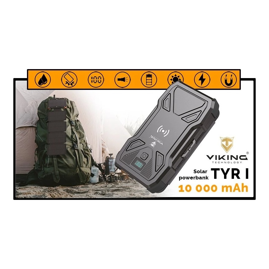 Viking - akupank LED-taskulambi, juhtmevaba laadimise ja päikesepaneeliga Power Delivery 22,5W/10000 mAh