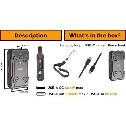 Viking - akupank LED-taskulambi, juhtmevaba laadimise ja päikesepaneeliga Power Delivery 22,5W/10000 mAh