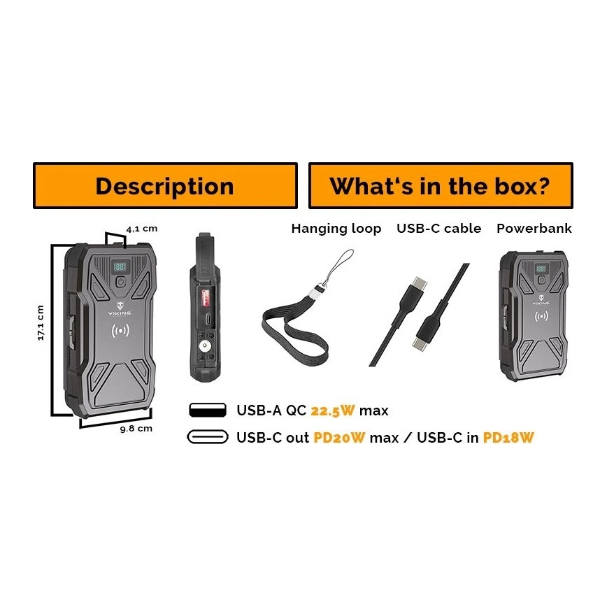 Viking - akupank LED-taskulambi, juhtmevaba laadimise ja päikesepaneeliga Power Delivery 22,5W/10000 mAh