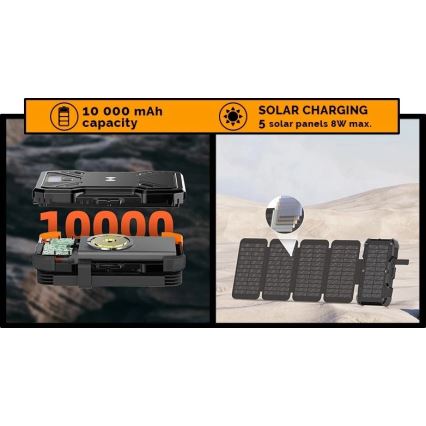 Viking - akupank LED-taskulambi, juhtmevaba laadimise ja päikesepaneeliga Power Delivery 22,5W/10000 mAh