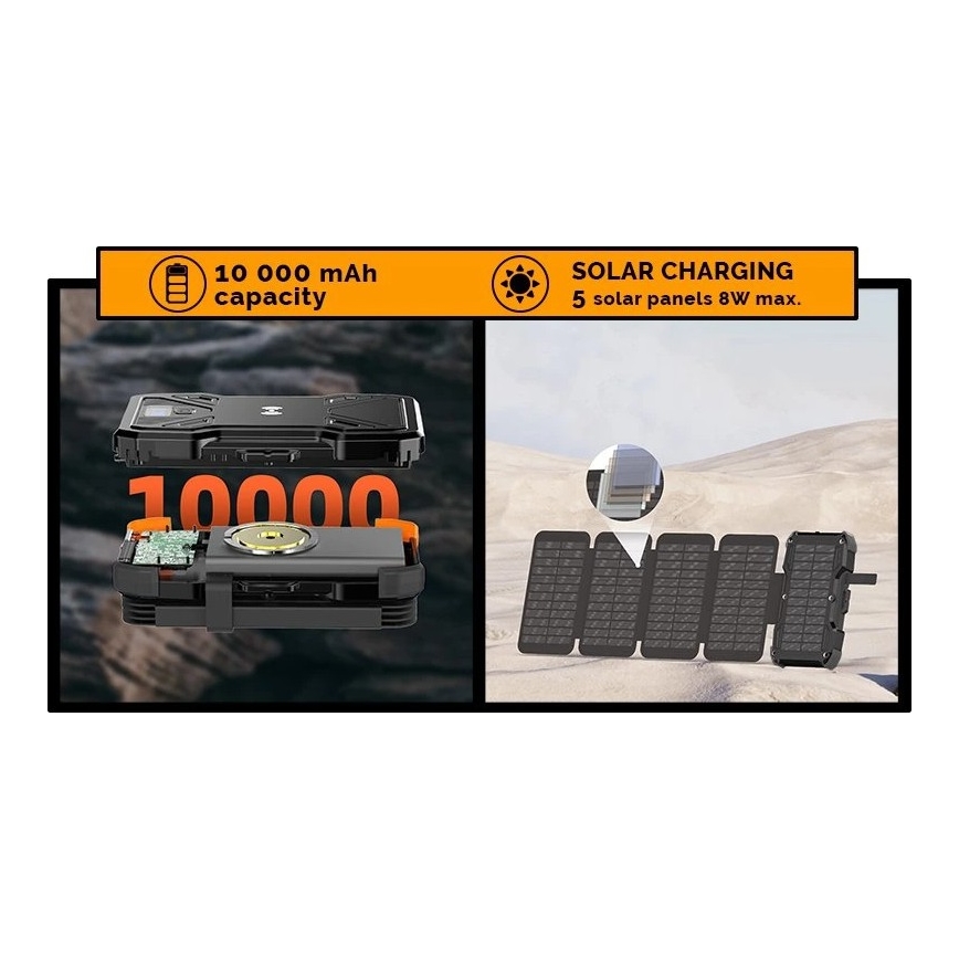 Viking - akupank LED-taskulambi, juhtmevaba laadimise ja päikesepaneeliga Power Delivery 22,5W/10000 mAh