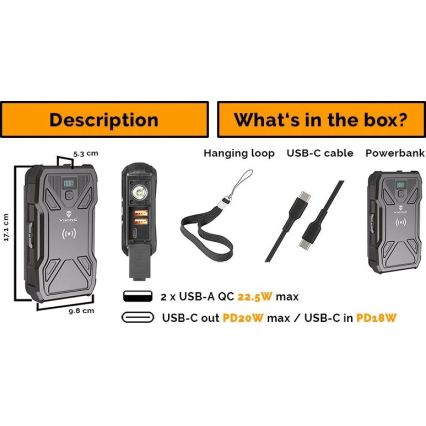 Viking – Powerbank LED-taskulambiga, traadita laadimise ja päikesepaneeliga, Power Delivery 22,5 W / 20 000 mAh
