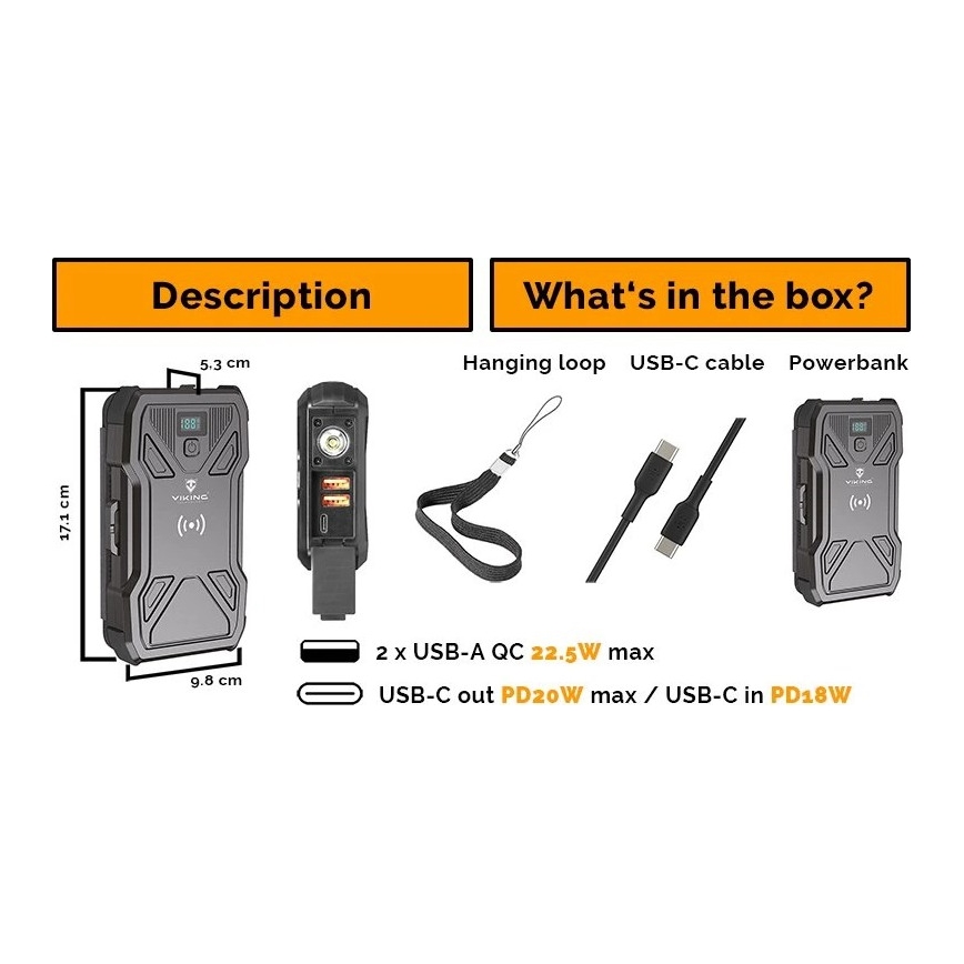 Viking – Powerbank LED-taskulambiga, traadita laadimise ja päikesepaneeliga, Power Delivery 22,5 W / 20 000 mAh