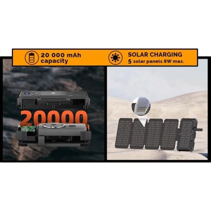 Viking – Powerbank LED-taskulambiga, traadita laadimise ja päikesepaneeliga, Power Delivery 22,5 W / 20 000 mAh