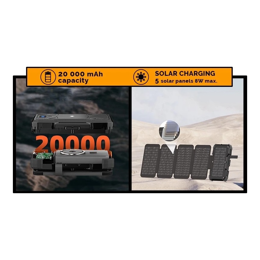 Viking – Powerbank LED-taskulambiga, traadita laadimise ja päikesepaneeliga, Power Delivery 22,5 W / 20 000 mAh