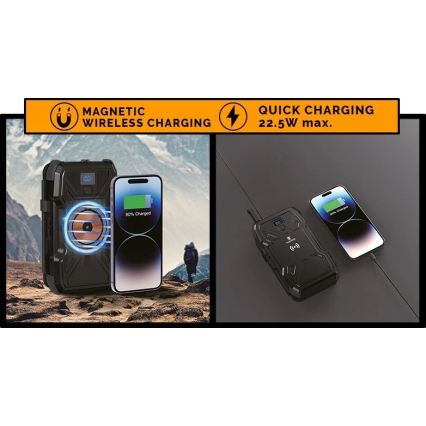 Viking – Powerbank LED-taskulambiga, traadita laadimise ja päikesepaneeliga, Power Delivery 22,5 W / 20 000 mAh