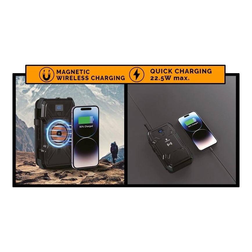 Viking – Powerbank LED-taskulambiga, traadita laadimise ja päikesepaneeliga, Power Delivery 22,5 W / 20 000 mAh