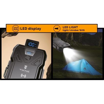 Viking – Powerbank LED-taskulambiga, traadita laadimise ja päikesepaneeliga, Power Delivery 22,5 W / 20 000 mAh