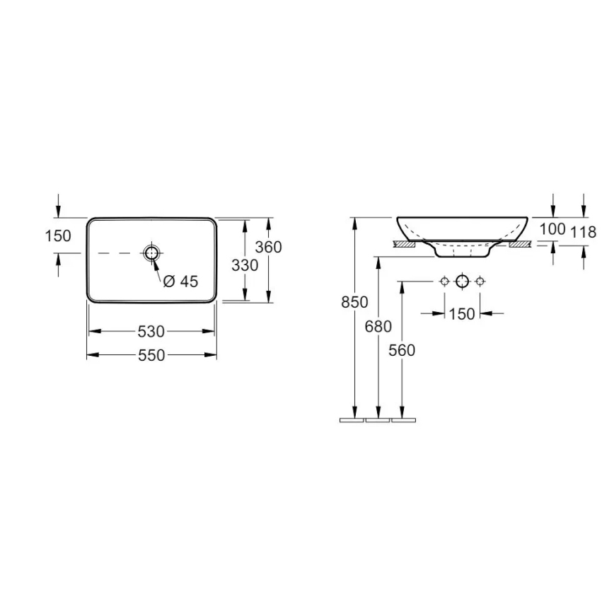 Villeroy & Boch 41135501 - Tööpinnale paigaldatav valamu VENTICELLO 55,5x36 cm keraamika/valge