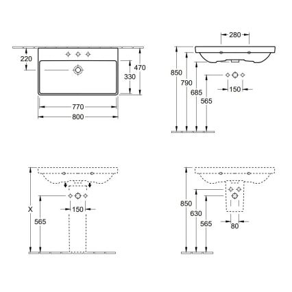 Villeroy & Boch 41568001 - Seinale kinnitatav valamu AVENTO 80x47 cm keraamika/valge
