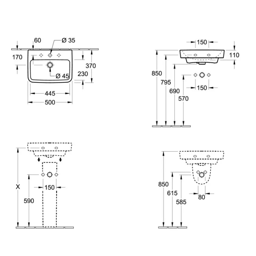 Villeroy & Boch 43445001 - Seinale riputatav valamu O.NOVO 50x37 cm keraamika/valge