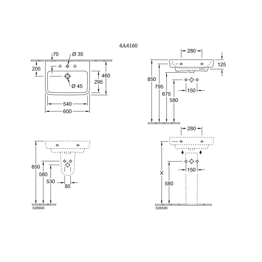 Villeroy & Boch 4A416001 - Seinale riputatav valamu O.NOVO 60x46 cm keraamika/valge
