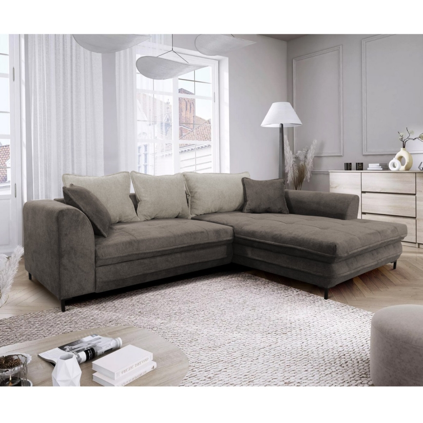 Voodiks muudetav L-kujuline nurgadiivan LAGOA, parempoolne, panipaigaga, taupe/hall