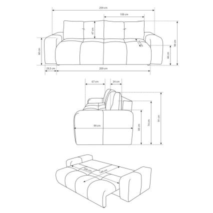 Voodiks muudetav polsterdatud kolmekohaline diivan hoiuruumiga ALMADA beež