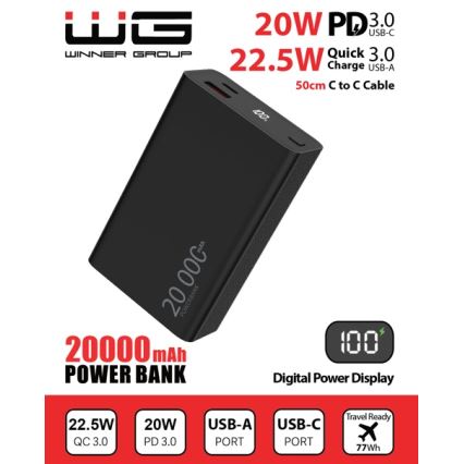Winner Group - Akupank ekraaniga 20000 mAh 20W Power Delivery must