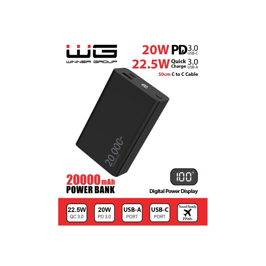 Winner Group - Akupank ekraaniga 20000 mAh 20W Power Delivery must