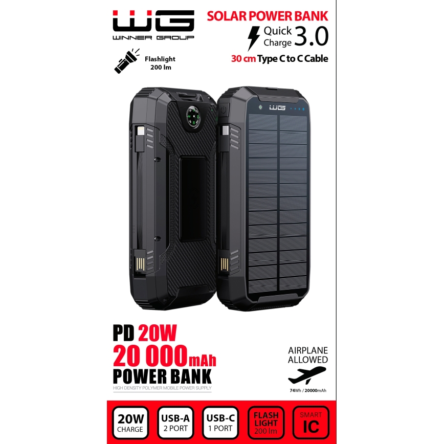 Winner Group - Akupank juhtmevaba laadijaga ja päikesepaneel 20000 mAh 20W PD