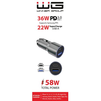 Winner Group - Autolaadija 1xUSB-C + 1xUSB-A Power Delivery 58,5W hõbedane