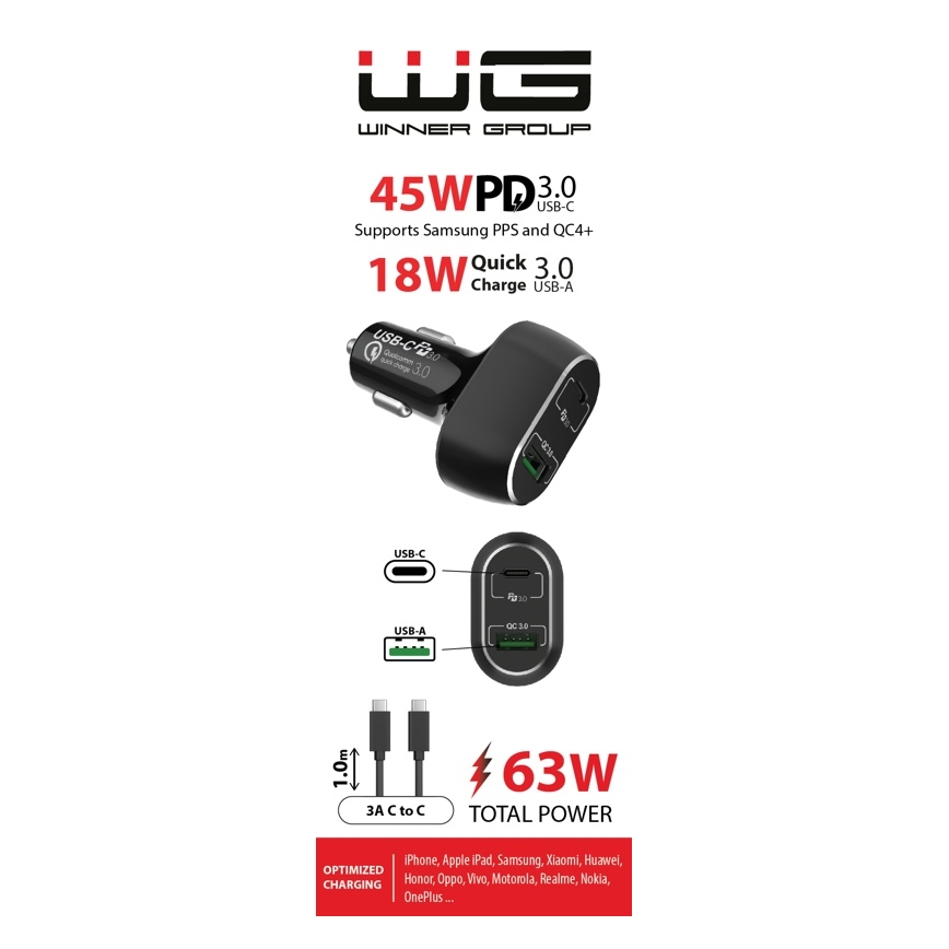 Winner Group - Autolaadija 1xUSB-C + 1xUSB-A Power Delivery 63W + USB kaabel USB-C / USB-C 1 m must