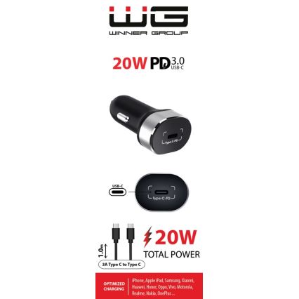 Winner Group - Autolaadija 1xUSB-C Power Delivery 20W + USB kaabel USB-C / USB-C 1 m must