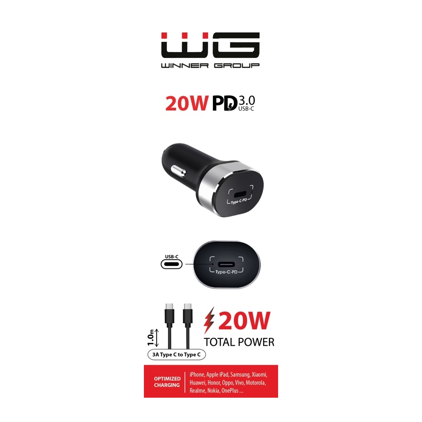 Winner Group - Autolaadija 1xUSB-C Power Delivery 20W + USB kaabel USB-C / USB-C 1 m must