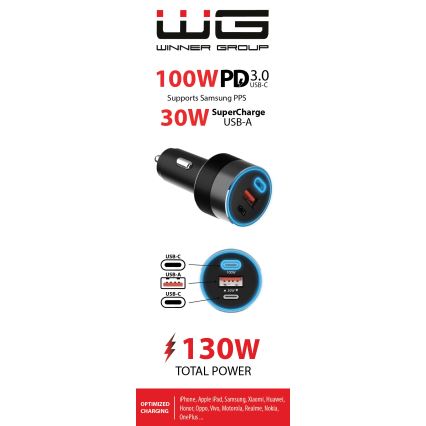 Winner Group - Autolaadija 2xUSB-C + 1xUSB-A Power Delivery 130W must