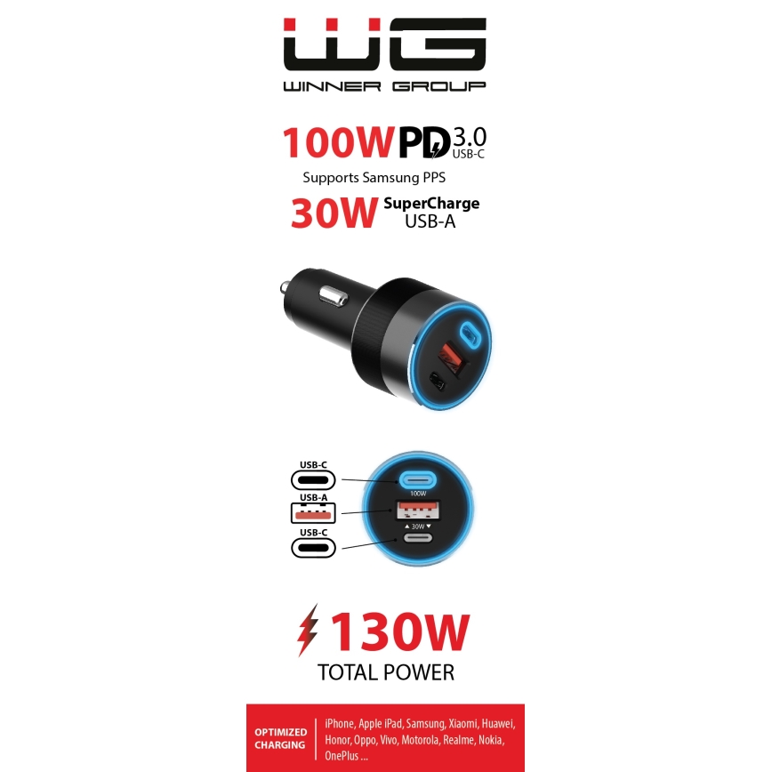 Winner Group - Autolaadija 2xUSB-C + 1xUSB-A Power Delivery 130W must